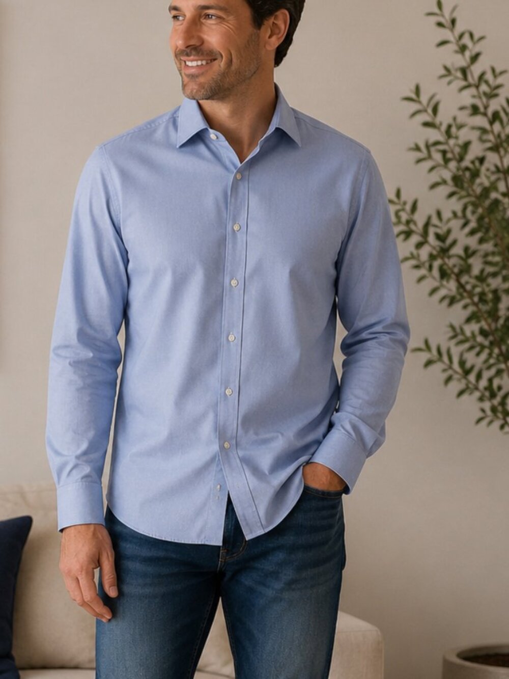 CHARLES Tyrwhitt  Long Sleeve Shirt Blue Checked Non Iron Stretch slim fit